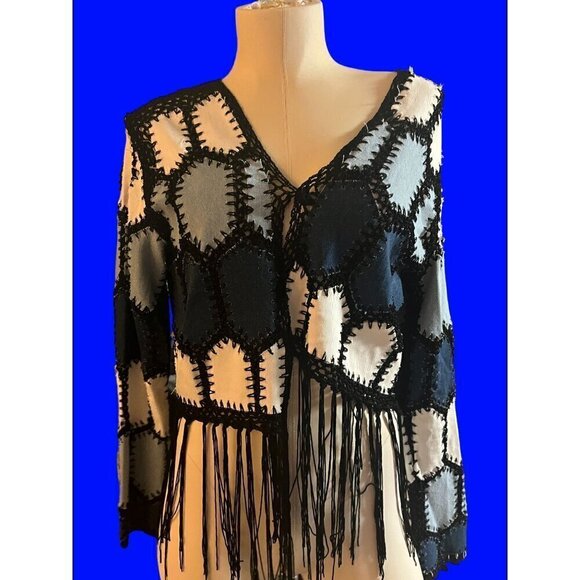 nwt fringed croucheted blouse by adore denim blues black fringes unique dressy l - Picture 5 of 13
